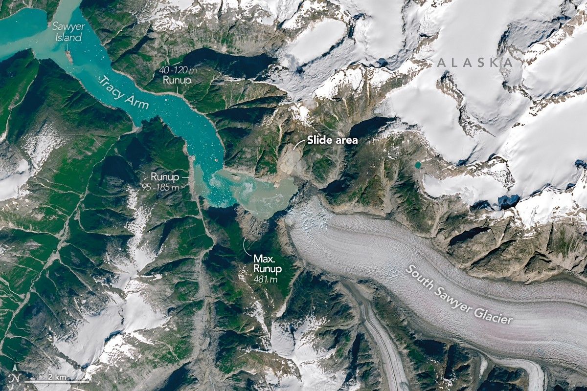 Satellite view of the steep, glaciated walls of Tracy Arm Fjord in Alaska